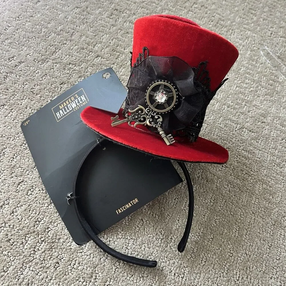 Victorian Steampunk Mad Hatter Red Velvet Mini Top Hat Fascinator Headband Blk